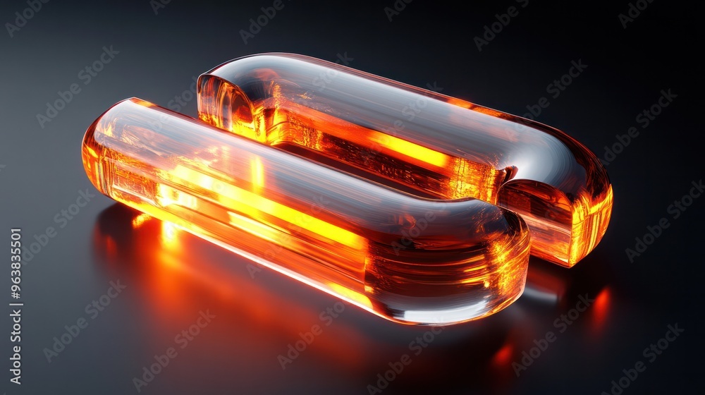 Poster two glowing, twisted glass shapes that resemble the letter 