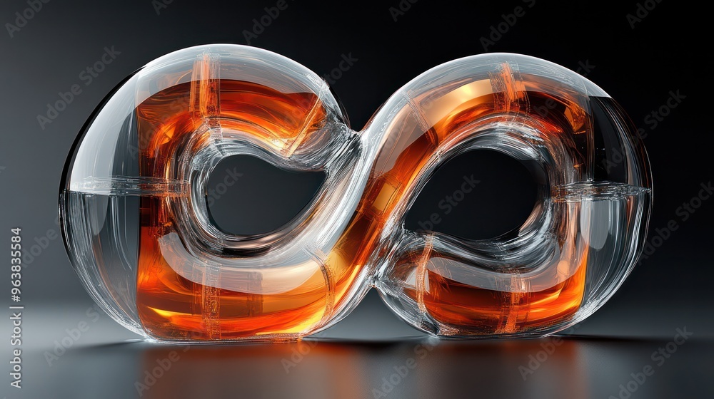 Poster A glass object with a curved shape that resembles an infinity symbol. The object is made of clear glass and has a warm, glowing appearance. Scene is one of elegance and sophistication