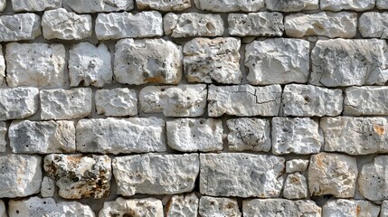 Obraz premium Closeup of a rough, white stone wall with uneven bricks.