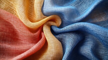 Fototapeta premium A colorful piece of fabric with a red, yellow, and blue stripe. The colors are vibrant and the fabric is twisted