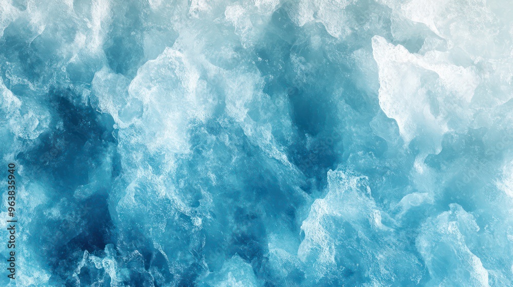 Poster the image is of a blue ocean with white clouds. the water appears to be rough and choppy, giving the