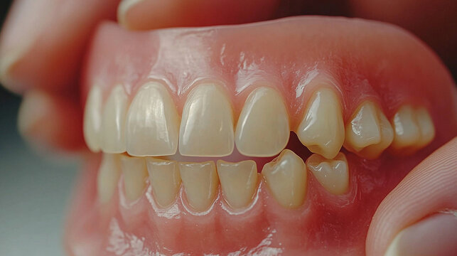Denture model showing misaligned and missing teeth for dental care and prosthetics