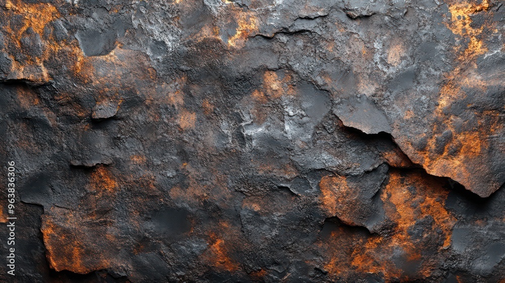 Aufkleber a rough, weathered surface with a lot of cracks and holes. the surface is covered in rust and he is 
