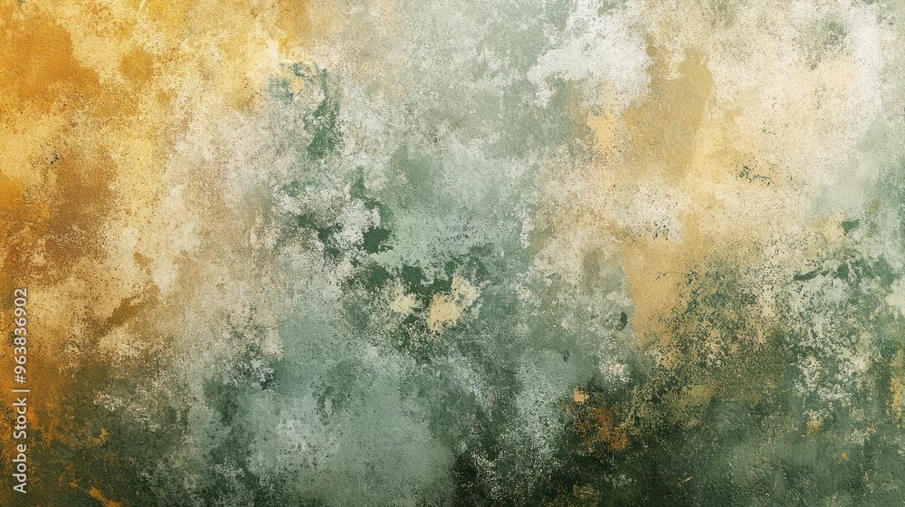 Poster a wall with a green and yellow background. the wall is covered in a textured paint that gives it a r