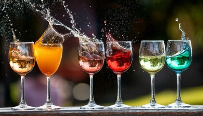 glass of wine. Splashing Liquor Delight - Wine and Cocktail Glasses Overflowing with Colorful Beverages in a Vibrant Liquid Splash Photography Concept