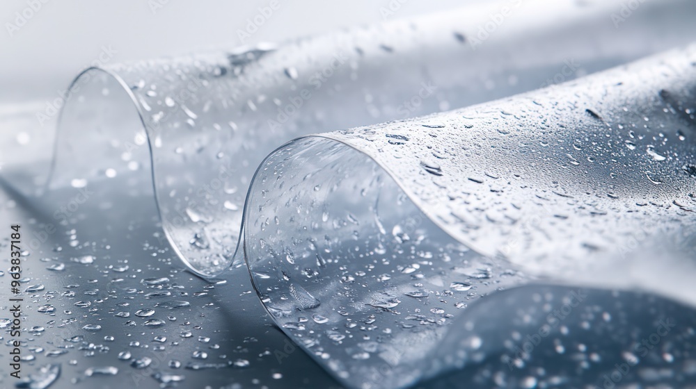 Poster a sheet of plastic with water droplets on it. the droplets are scattered all over the sheet, creatin