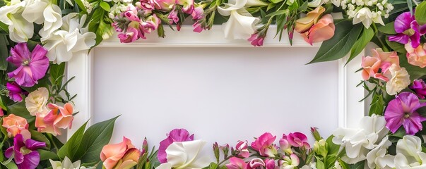 White Frame Surrounded by Colorful Flowers