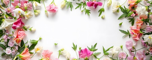Obraz premium Delicate Pink and White Flowers with Green Leaves Bordering a White Background