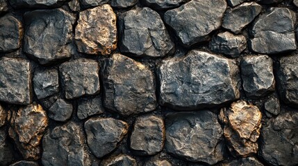 Fototapeta premium A wall made of large rocks with a few small rocks in the middle. The wall is gray and brown in color