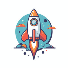 Colorful cartoon rocket launching into space with a teal background and orange accents.