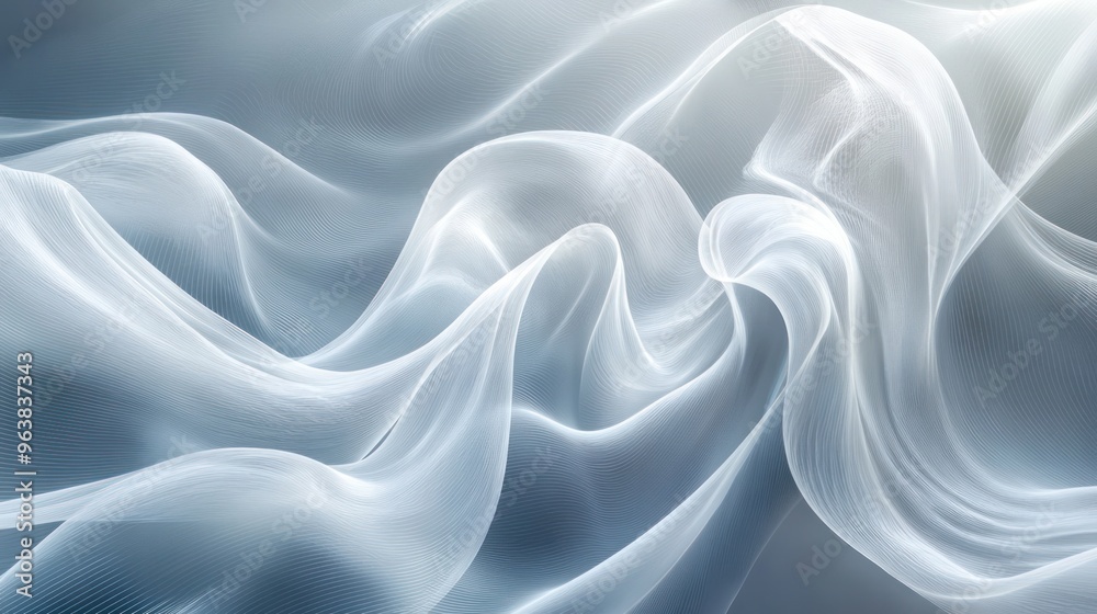 Poster a white fabric with a blue hue. the fabric is flowing and has a sense of movement. the image conveys