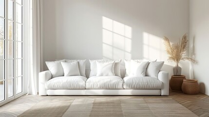 Minimalist living room interior with white sofa, large window, and natural light.