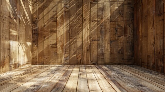 Empty wooden room with natural patterns on walls and floor for product display.