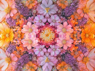 Vibrant Floral Kaleidoscope with Pink, Orange, and Purple Flowers in a Symmetrical Pattern