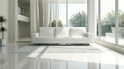 Fototapeta premium Modern living room with white sofa, large windows and a view of green trees outside.