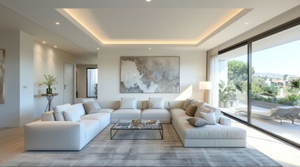 Modern living room with a sectional sofa, a coffee table, and a large painting on the wall.  There are large sliding glass doors that lead to a balcony.