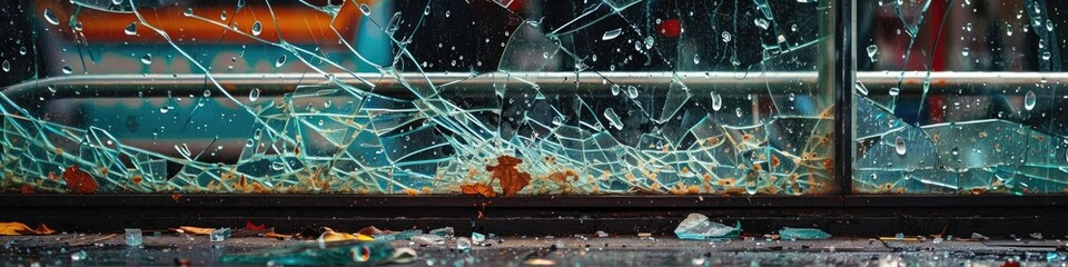 Broken glass panel from a bus shelter on the ground