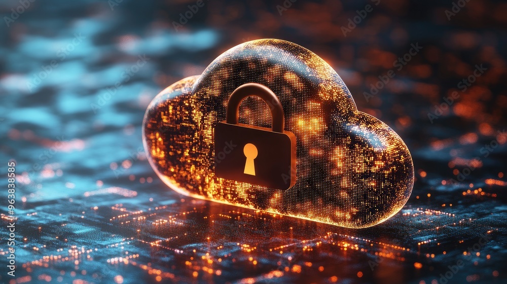 Poster a cloud icon fused with a padlock, emphasizing the concept of cybersecurity in cloud computing envir