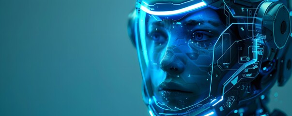 Close-up of a futuristic cyborg's face with blue glowing lights
