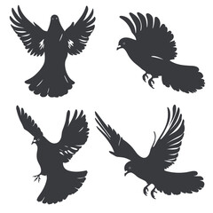 Obraz premium Black silhouette illustrations of four birds in various flight poses on a white background.
