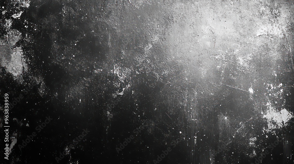 Aufkleber a black and white photo of a wall with a lot of dust and debris. the photo has a moody and gritty fe