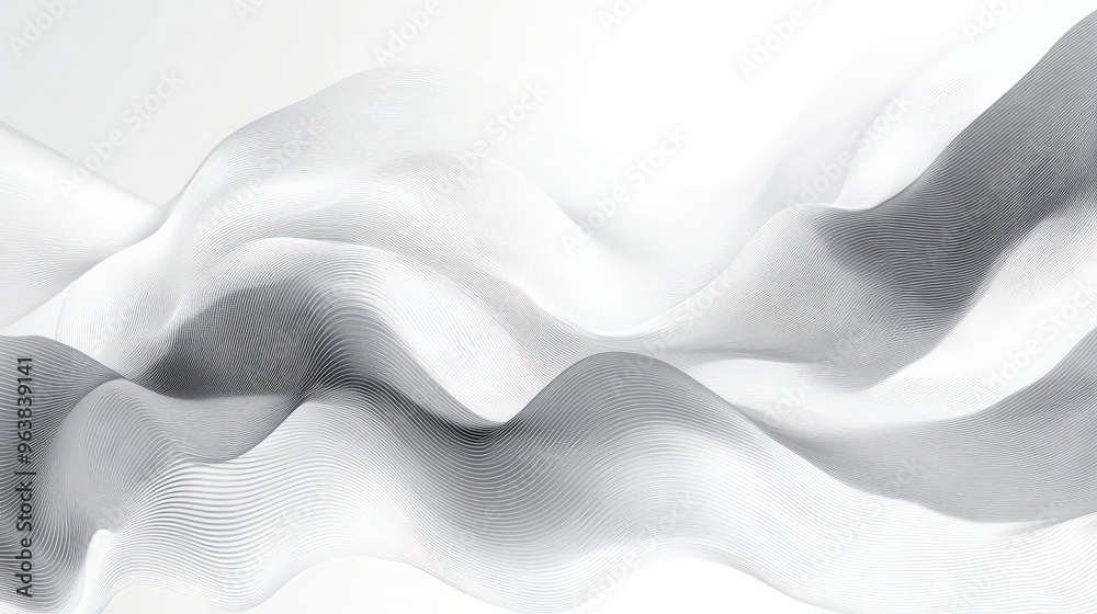Poster a wave of white and gray with a few black dots. the wave is very long and has a lot of detail