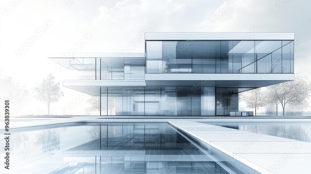 Poster a large white house with a pool and a tree in the background. the house is modern and sleek, with la