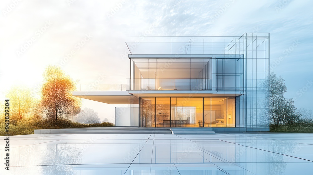 Poster a large white house with a lot of glass windows and a tree in the background. the house is designed 