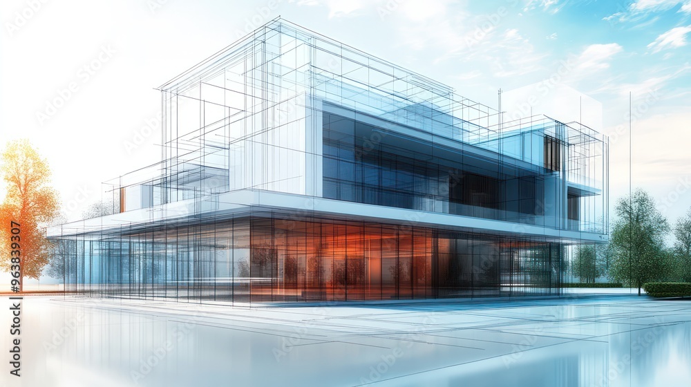 Aufkleber A large building with a glass facade and a tree in the background. The building is designed to look like a modern, futuristic structure