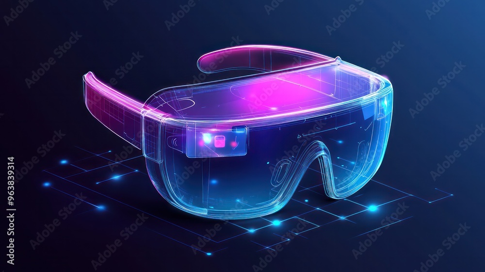 Poster a pair of virtual reality goggles with a blue frame. the goggles are designed to be worn on the face