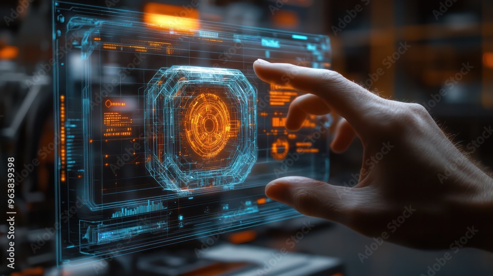 Aufkleber A hand is touching a screen with a blue and orange design. The design is abstract and he is a representation of a machine or some sort of futuristic technology. Scene is one of curiosity and wonder