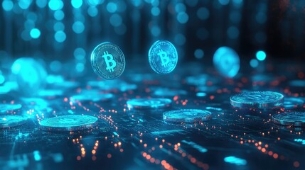 Fototapeta premium A digital illustration of glowing blue coins hovering above a business diagram, representing financial insights and wealth.