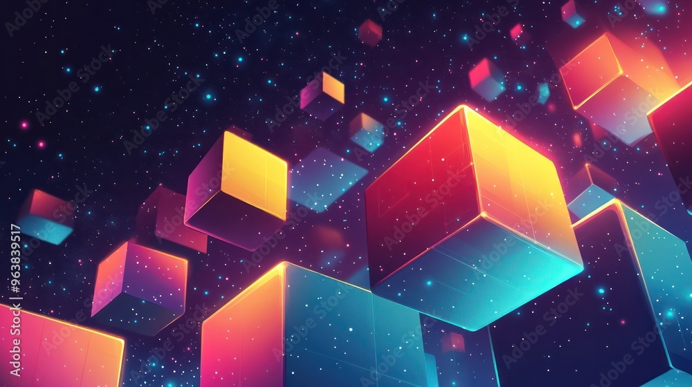 Fototapete A colorful image of cubes in the sky with a blue background. The cubes are in different colors and sizes, and they are scattered throughout the sky. The image has a vibrant and energetic feel