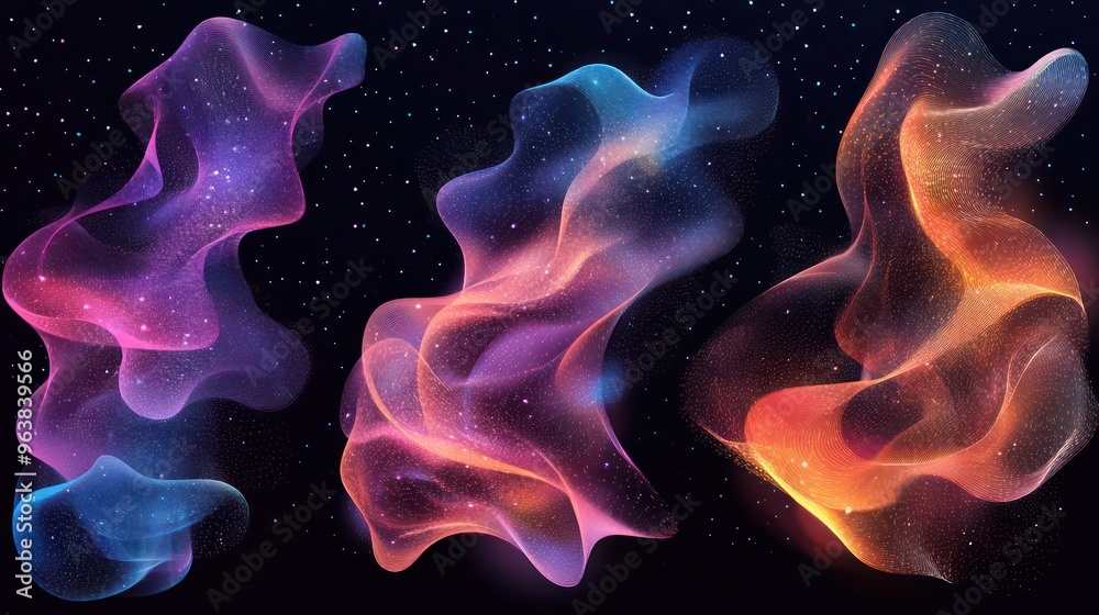 Poster Three colorful, glowing, and swirling lines of light that appear to be stars. The lines are in different colors and are moving in different directions. The image has a dreamy, ethereal quality to it