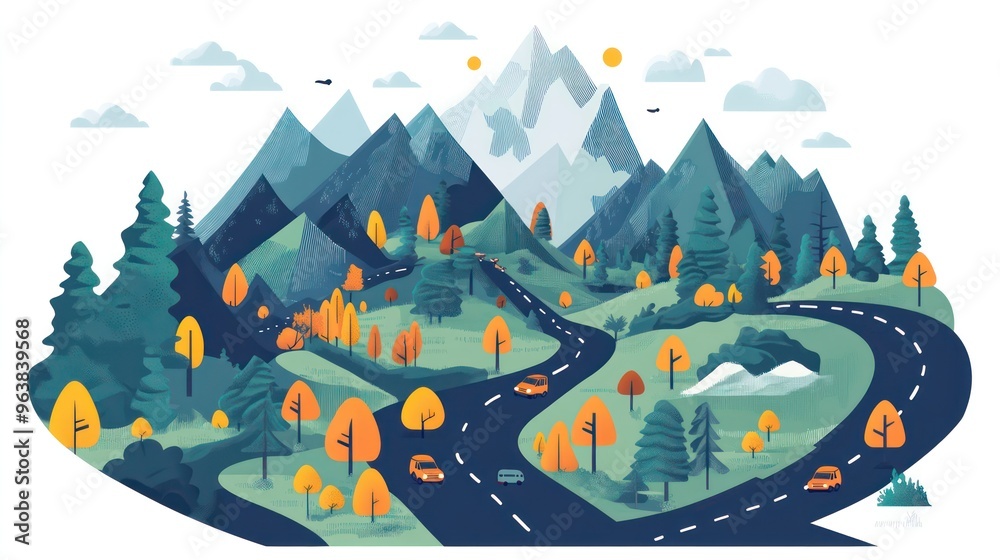 Aufkleber a mountain range with a winding road and trees in the foreground. the road is lined with cars and a 