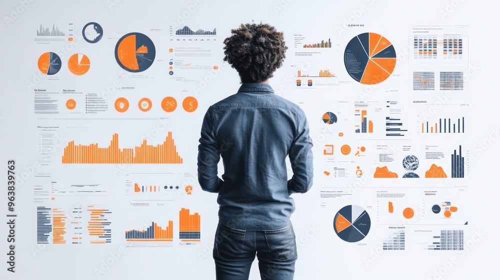 Aufkleber A man is looking at a wall of graphs and pie charts. The graphs are colorful and show different data points. The man is focused and interested in the information displayed on the wall