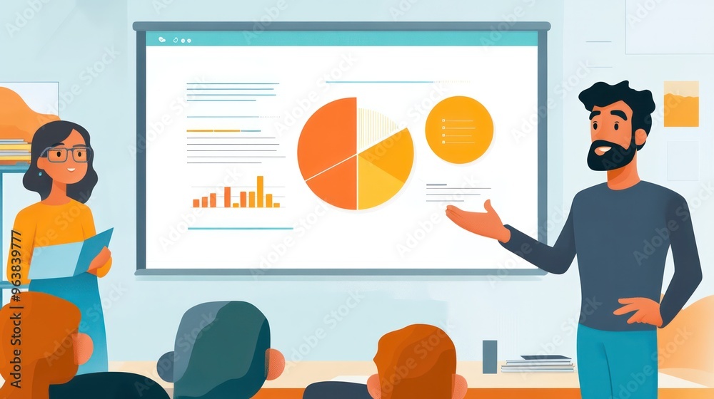 Aufkleber A man is standing in front of a large screen with a woman and a man behind him. The man is pointing at the screen, which has a pie chart on it