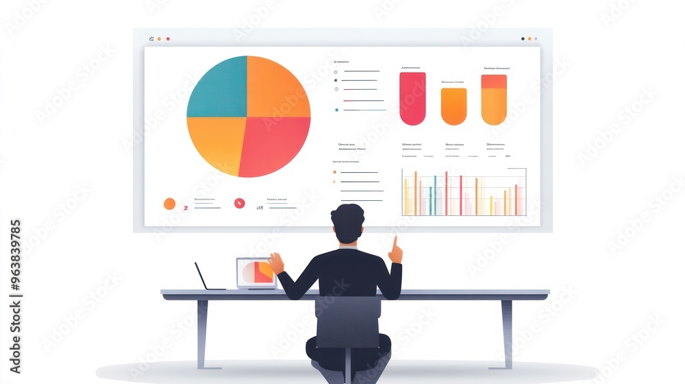 Aufkleber A man is sitting at a desk with a computer and pointing at a screen with a pie chart