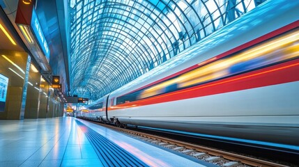 Obraz premium A fast-moving train blurs through a modern station, reflecting the efficiency of high-speed transportation.
