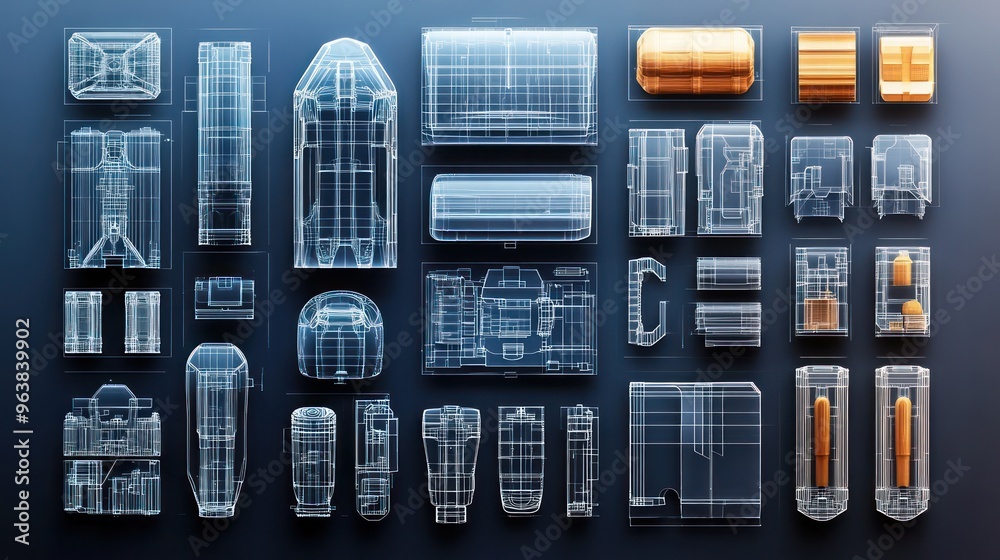 Aufkleber A collection of clear plastic objects with various shapes and sizes. The objects are arranged in a grid, with some overlapping each other. Scene is one of precision and organization