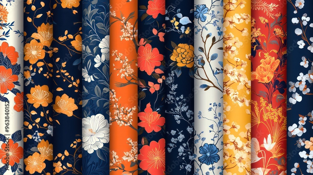 Fototapete A series of colorful floral patterns are displayed in a row. The patterns are arranged in a way that creates a sense of harmony and balance. The colors are bright and cheerful