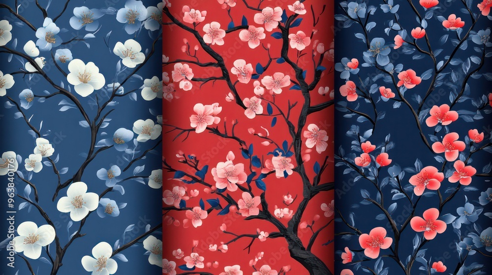 Poster Three different floral patterns are shown, each with a different color scheme. The blue pattern has a more subdued feel, while the red and white pattern is more vibrant and cheerful