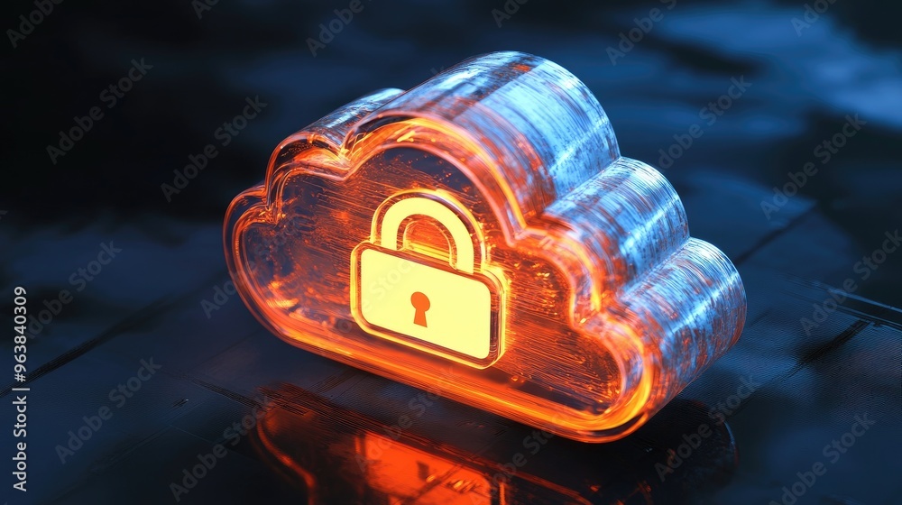 Poster a glowing padlock symbol embedded within a cloud icon, representing safe data storage and cloud secu