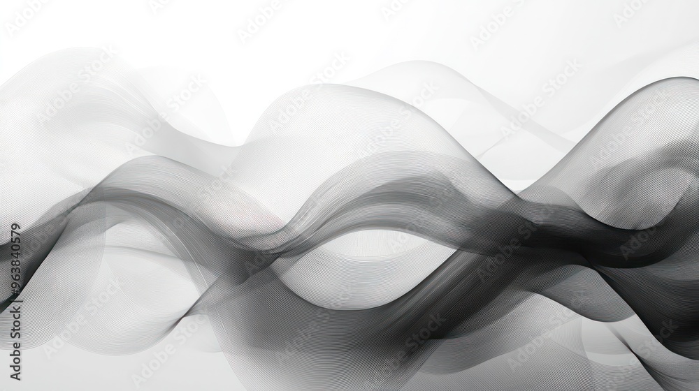 Poster A black and white image of a wave with a white background. Concept of movement and energy, as if the wave is in motion. The black and white color scheme adds to the overall mood of the image