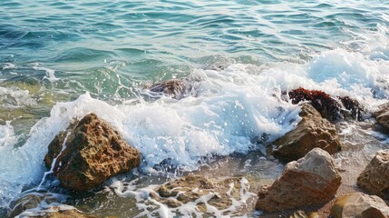 Fototapeta premium Gentle waves crash against rocks along a tranquil shoreline.