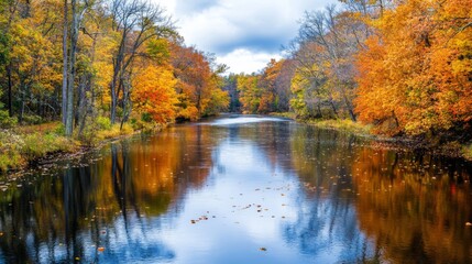 Fototapeta premium Autumn Leaves Reflected in Calm River Water