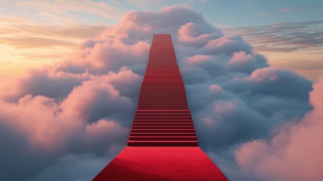 A grand red carpet stairway stretches upwards, disappearing into the clouds, evoking a sense of heavenly ascent.