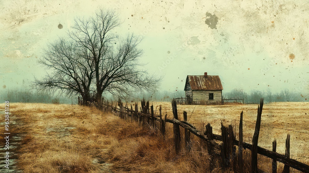 Poster A rustic farmhouse sits in a field with a tree in the background. The scene is peaceful and serene, with the house and tree providing a sense of calm and tranquility