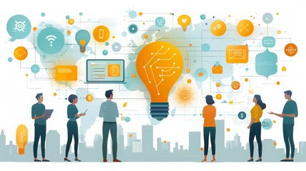 an illustration of a collaboration session, showing team members working together on a digital tablet and discussing ideas