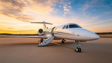 A high-end private jet sits on the tarmac with stairs prepared, representing elite travel and luxury.